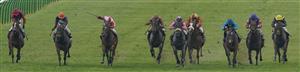 NEWMARKET, ENGLAND - MAY 06: Paul Mulrennan riding Azure Blur (C, pink) win The Howden British EBF Ellen Chaloner Stakes at Newmarket Racecourse on May 06, 2023 in Newmarket, England. (Photo by Alan Crowhurst/Getty Images)