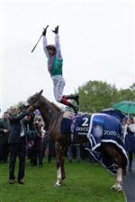 NEWMARKET, ENGLAND - MAY 06: Frankie Dettori returns to the winners enclosure after riding Chaldean to win The Qipco 2000 Guineas Stakes at Newmarket Racecourse on May 06, 2023 in Newmarket, England. (Photo by Alan Crowhurst/Getty Images)