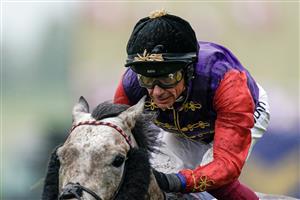 NEWMARKET, ENGLAND - MAY 06: Frankie Dettori wearing the King's silks riding Saga finish second in The Howden Suffolk Stakesat Newmarket Racecourse on May 06, 2023 in Newmarket, England. (Photo by Alan Crowhurst/Getty Images)