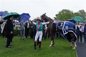 NEWMARKET, ENGLAND - MAY 06: Frankie Dettori returns to the winners enclosure after riding Chaldean to win The Qipco 2000 Guineas Stakes at Newmarket Racecourse on May 06, 2023 in Newmarket, England. (Photo by Alan Crowhurst/Getty Images)