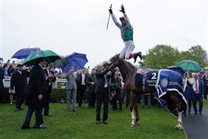 NEWMARKET, ENGLAND - MAY 06: Frankie Dettori returns to the winners enclosure after riding Chaldean to win The Qipco 2000 Guineas Stakes at Newmarket Racecourse on May 06, 2023 in Newmarket, England. (Photo by Alan Crowhurst/Getty Images)