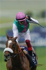 NEWMARKET, ENGLAND - MAY 06: Frankie Dettori riding Chaldean win The Qipco 2000 Guineas Stakes at Newmarket Racecourse on May 06, 2023 in Newmarket, England. (Photo by Alan Crowhurst/Getty Images)