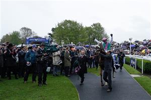 NEWMARKET, ENGLAND - MAY 06: Frankie Dettori returns to the winners enclosure after riding Chaldean to win The Qipco 2000 Guineas Stakes at Newmarket Racecourse on May 06, 2023 in Newmarket, England. (Photo by Alan Crowhurst/Getty Images)