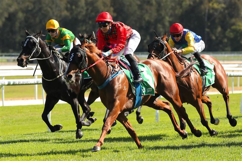 GOSFORD, AUSTRALIA - MAY 06:  Jenny Duggan riding Remlaps Commander wins Race 2 TAB Highway during "Gosford Gold Cup" - Sydney Racing at Gosford Racecourse on May 06, 2023 in Gosford, Australia. (Photo by Jeremy Ng/Getty Images)