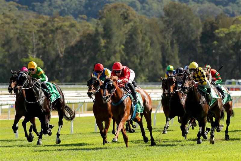 GOSFORD, AUSTRALIA - MAY 06:  Jenny Duggan riding Remlaps Commander wins Race 2 TAB Highway during "Gosford Gold Cup" - Sydney Racing at Gosford Racecourse on May 06, 2023 in Gosford, Australia. (Photo by Jeremy Ng/Getty Images)