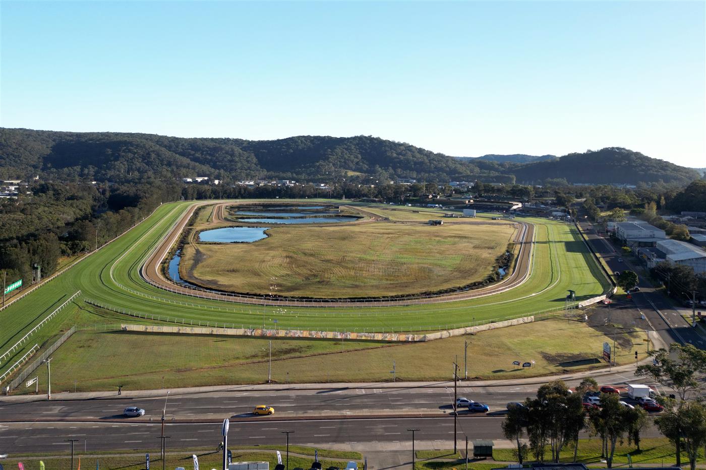 GOSFORD, AUSTRALIA - MAY 06: An aerial view of the surroundings are seen prior to the "Gosford Gold Cup" - Sydney Racing at Gosford Racecourse on May 06, 2023 in Gosford, Australia. (Photo by Jeremy Ng/Getty Images)