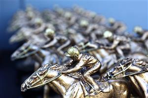 GOSFORD, AUSTRALIA - MAY 06: Trophies are seen prior to the "Gosford Gold Cup" - Sydney Racing at Gosford Racecourse on May 06, 2023 in Gosford, Australia. (Photo by Jeremy Ng/Getty Images)