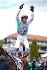 CHESTER, ENGLAND - MAY 10: Frankie Dettori leaps from his mount after riding Arrest to win The Boodles Chester Vase Stakes at Chester Racecourse on May 10, 2023 in Chester, England. (Photo by Alan Crowhurst/Getty Images)