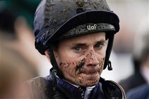 CHESTER, ENGLAND - MAY 10: A muddy Ryan Moore after victory on Savethelastdance in The Weatherbys Digital Solutions Cheshire Oaks at Chester Racecourse on May 10, 2023 in Chester, England. (Photo by Alan Crowhurst/Getty Images)