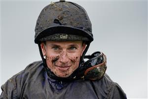 CHESTER, ENGLAND - MAY 10: A muddy Ryan Moore after victory on Savethelastdance in The Weatherbys Digital Solutions Cheshire Oaks at Chester Racecourse on May 10, 2023 in Chester, England. (Photo by Alan Crowhurst/Getty Images)