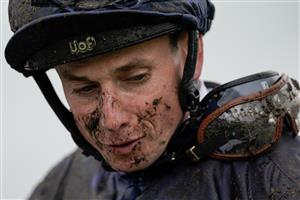 CHESTER, ENGLAND - MAY 10: A muddy Ryan Moore after victory on Savethelastdance in The Weatherbys Digital Solutions Cheshire Oaks at Chester Racecourse on May 10, 2023 in Chester, England. (Photo by Alan Crowhurst/Getty Images)