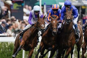 CHESTER, ENGLAND - MAY 11: Ryan Moore riding San Antonio (blue/orange) on their way to winning The Boodles Dee Stakes at Chester Racecourse on May 11, 2023 in Chester, England. (Photo by Alan Crowhurst/Getty Images)