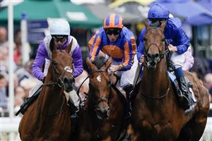 CHESTER, ENGLAND - MAY 11: Ryan Moore riding San Antonio (blue/orange) on their way to winning The Boodles Dee Stakes at Chester Racecourse on May 11, 2023 in Chester, England. (Photo by Alan Crowhurst/Getty Images)