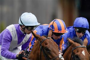 CHESTER, ENGLAND - MAY 11: Ryan Moore riding San Antonio (blue/orange) on their way to winning The Boodles Dee Stakes at Chester Racecourse on May 11, 2023 in Chester, England. (Photo by Alan Crowhurst/Getty Images)