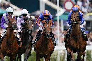 CHESTER, ENGLAND - MAY 11: Ryan Moore riding San Antonio (blue/orange) on their way to winning The Boodles Dee Stakes at Chester Racecourse on May 11, 2023 in Chester, England. (Photo by Alan Crowhurst/Getty Images)