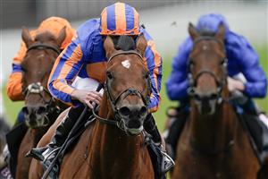 CHESTER, ENGLAND - MAY 11: Ryan Moore riding San Antonio (blue/orange) win The Boodles Dee Stakes at Chester Racecourse on May 11, 2023 in Chester, England. (Photo by Alan Crowhurst/Getty Images)