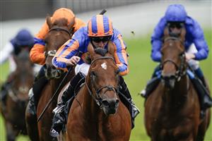 CHESTER, ENGLAND - MAY 11: Ryan Moore riding San Antonio (blue/orange) win The Boodles Dee Stakes at Chester Racecourse on May 11, 2023 in Chester, England. (Photo by Alan Crowhurst/Getty Images)