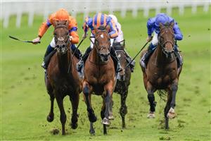 CHESTER, ENGLAND - MAY 11: Ryan Moore riding San Antonio (C, blue/orange) win The Boodles Dee Stakes at Chester Racecourse on May 11, 2023 in Chester, England. (Photo by Alan Crowhurst/Getty Images)