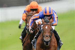 CHESTER, ENGLAND - MAY 11: Ryan Moore riding San Antonio (blue/orange) win The Boodles Dee Stakes at Chester Racecourse on May 11, 2023 in Chester, England. (Photo by Alan Crowhurst/Getty Images)