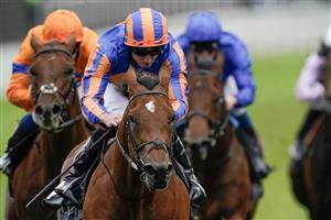 CHESTER, ENGLAND - MAY 11: Ryan Moore riding San Antonio (blue/orange) win The Boodles Dee Stakes at Chester Racecourse on May 11, 2023 in Chester, England. (Photo by Alan Crowhurst/Getty Images)