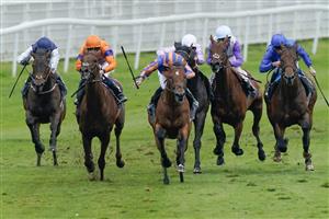 CHESTER, ENGLAND - MAY 11: Ryan Moore riding San Antonio (C, blue/orange) win The Boodles Dee Stakes at Chester Racecourse on May 11, 2023 in Chester, England. (Photo by Alan Crowhurst/Getty Images)