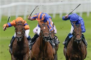 CHESTER, ENGLAND - MAY 11: Ryan Moore riding San Antonio (C, blue/orange) win The Boodles Dee Stakes at Chester Racecourse on May 11, 2023 in Chester, England. (Photo by Alan Crowhurst/Getty Images)