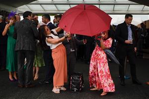 CHESTER, ENGLAND - MAY 11: Rain falls on 'Ladies Day' at Chester Racecourse on May 11, 2023 in Chester, England. (Photo by Alan Crowhurst/Getty Images)