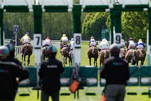 CHESTER, ENGLAND - MAY 12: The stalls handlers look on as runners leave the stalls during The CAA Stellar Earl Grosvenor Handicap at Chester Racecourse on May 12, 2023 in Chester, England. (Photo by Alan Crowhurst/Getty Images)