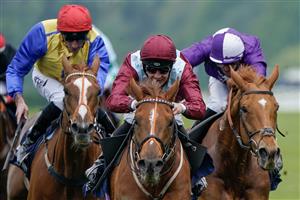 ASCOT, ENGLAND - MAY 13: Charles Bishop riding Sheer Rocks (maroon, light blue) at Ascot Racecourse on May 13, 2023 in Ascot, England. (Photo by Alan Crowhurst/Getty Images)