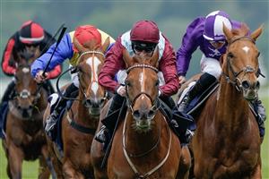 ASCOT, ENGLAND - MAY 13: Charles Bishop riding Sheer Rocks (maroon, light blue) at Ascot Racecourse on May 13, 2023 in Ascot, England. (Photo by Alan Crowhurst/Getty Images)
