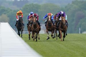 ASCOT, ENGLAND - MAY 13: Charles Bishop riding Sheer Rocks (maroon, light blue) at Ascot Racecourse on May 13, 2023 in Ascot, England. (Photo by Alan Crowhurst/Getty Images)