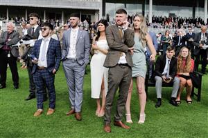 YORK, ENGLAND - MAY 17: Facial expressions from racegoers as the race nears its finish at York Racecourse on May 17, 2023 in York, England. (Photo by Alan Crowhurst/Getty Images)