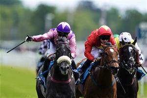 YORK, ENGLAND - MAY 17: Paul Mulrennan riding Azure Blue (purple/pink) win The 1895 Duke Of York Clipper Stakes at York Racecourse on May 17, 2023 in York, England. (Photo by Alan Crowhurst/Getty Images)