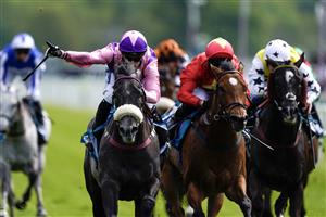 YORK, ENGLAND - MAY 17: Paul Mulrennan riding Azure Blue (purple/pink) win The 1895 Duke Of York Clipper Stakes at York Racecourse on May 17, 2023 in York, England. (Photo by Alan Crowhurst/Getty Images)