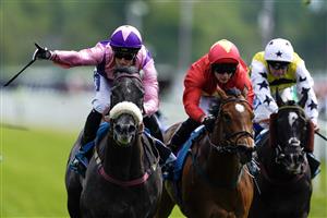 YORK, ENGLAND - MAY 17: Paul Mulrennan riding Azure Blue (purple/pink) win The 1895 Duke Of York Clipper Stakes at York Racecourse on May 17, 2023 in York, England. (Photo by Alan Crowhurst/Getty Images)