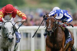 YORK, ENGLAND - MAY 18: Oisin Murphy riding The Foxes (blue) win The Al Basti Equiworld Dubai Dante Stakes at York Racecourse on May 18, 2023 in York, England. (Photo by Alan Crowhurst/Getty Images)