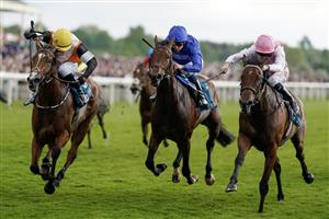 YORK, ENGLAND - MAY 19: Ronan Whelan riding Sounds Of Heaven (L, yellow cap) win The Oaks Farm Stables Fillies' Stakes at York Racecourse on May 19, 2023 in York, England. (Photo by Alan Crowhurst/Getty Images)