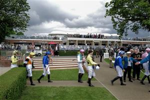 YORK, ENGLAND - MAY 19: Jockeys make their way to the parade ring at York Racecourse on May 19, 2023 in York, England. (Photo by Alan Crowhurst/Getty Images)