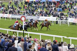 YORK, ENGLAND - MAY 19: William Buick riding Marhaba The Champ (L, blue/white) win The Knights Solicitors Handicap at York Racecourse on May 19, 2023 in York, England. (Photo by Alan Crowhurst/Getty Images)