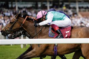 NEWBURY, ENGLAND - MAY 20: Frankie Dettori riding Haskoy (pink cap) win The Al Rayyan Stakes at Newbury Racecourse on May 20, 2023 in Newbury, England. (Photo by Alan Crowhurst/Getty Images)