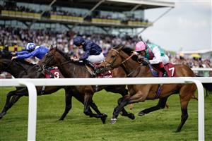 NEWBURY, ENGLAND - MAY 20: Frankie Dettori riding Haskoy (pink cap) win The Al Rayyan Stakes at Newbury Racecourse on May 20, 2023 in Newbury, England. (Photo by Alan Crowhurst/Getty Images)