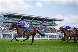 NEWBURY, ENGLAND - MAY 20: James Doyle riding Shaquille win The BetVictor Carnarvon Stakes at Newbury Racecourse on May 20, 2023 in Newbury, England. (Photo by Alan Crowhurst/Getty Images)