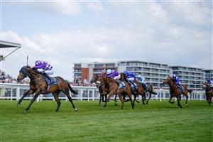 NEWBURY, ENGLAND - MAY 20: James Doyle riding Shaquille win The BetVictor Carnarvon Stakes at Newbury Racecourse on May 20, 2023 in Newbury, England. (Photo by Alan Crowhurst/Getty Images)