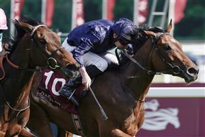 NEWBURY, ENGLAND - MAY 20: Ryan Moore riding Warm Heart (R) win The Haras De Bouquetot Fillies' Trial Stakes at Newbury Racecourse on May 20, 2023 in Newbury, England. (Photo by Alan Crowhurst/Getty Images)