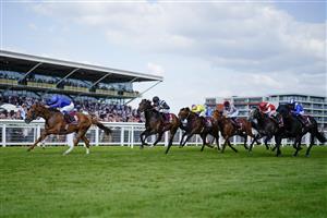 NEWBURY, ENGLAND - MAY 20: William Buick riding Modern Games (L) win The Al Shaqab Lockinge Stakes at Newbury Racecourse on May 20, 2023 in Newbury, England. (Photo by Alan Crowhurst/Getty Images)