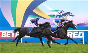 EPSOM, ENGLAND - JUNE 03: Auguste Rodin ridden by Ryan Moore (orange and blue silks) wins The Betfred Derby during Derby Day at Epsom Downs Racecourse on June 03, 2023 in Epsom, England. (Photo by Warren Little/Getty Images)