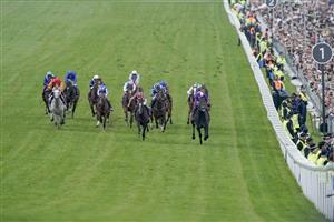 EPSOM, ENGLAND - JUNE 03: Ryan Moore riding Auguste Rodin (blue/orange) win The Betfred Derby from Rossa Ryan and King Of Steel (purple) on Derby Day at Epsom Racecourse on June 03, 2023 in Epsom, England. (Photo by Alan Crowhurst/Getty Images)