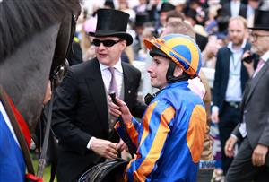 EPSOM, ENGLAND - JUNE 03: Ryan Moore is congratulated by trainer Aiden O'Brien after riding Auguste Rodin to victory in The Betfred Derby during Derby Day at Epsom Downs Racecourse on June 03, 2023 in Epsom, England. (Photo by Warren Little/Getty Images)
