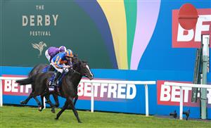 EPSOM, ENGLAND - JUNE 03: Auguste Rodin ridden by Ryan Moore wins The Betfred Derby during Derby Day at Epsom Downs Racecourse on June 03, 2023 in Epsom, England. (Photo by Warren Little/Getty Images)
