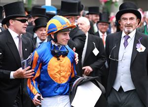 EPSOM, ENGLAND - JUNE 03: Ryan Moore is congratulated by trainer Aiden O'Brien after riding Auguste Rodin to victory in The Betfred Derby during Derby Day at Epsom Downs Racecourse on June 03, 2023 in Epsom, England. (Photo by Warren Little/Getty Images)